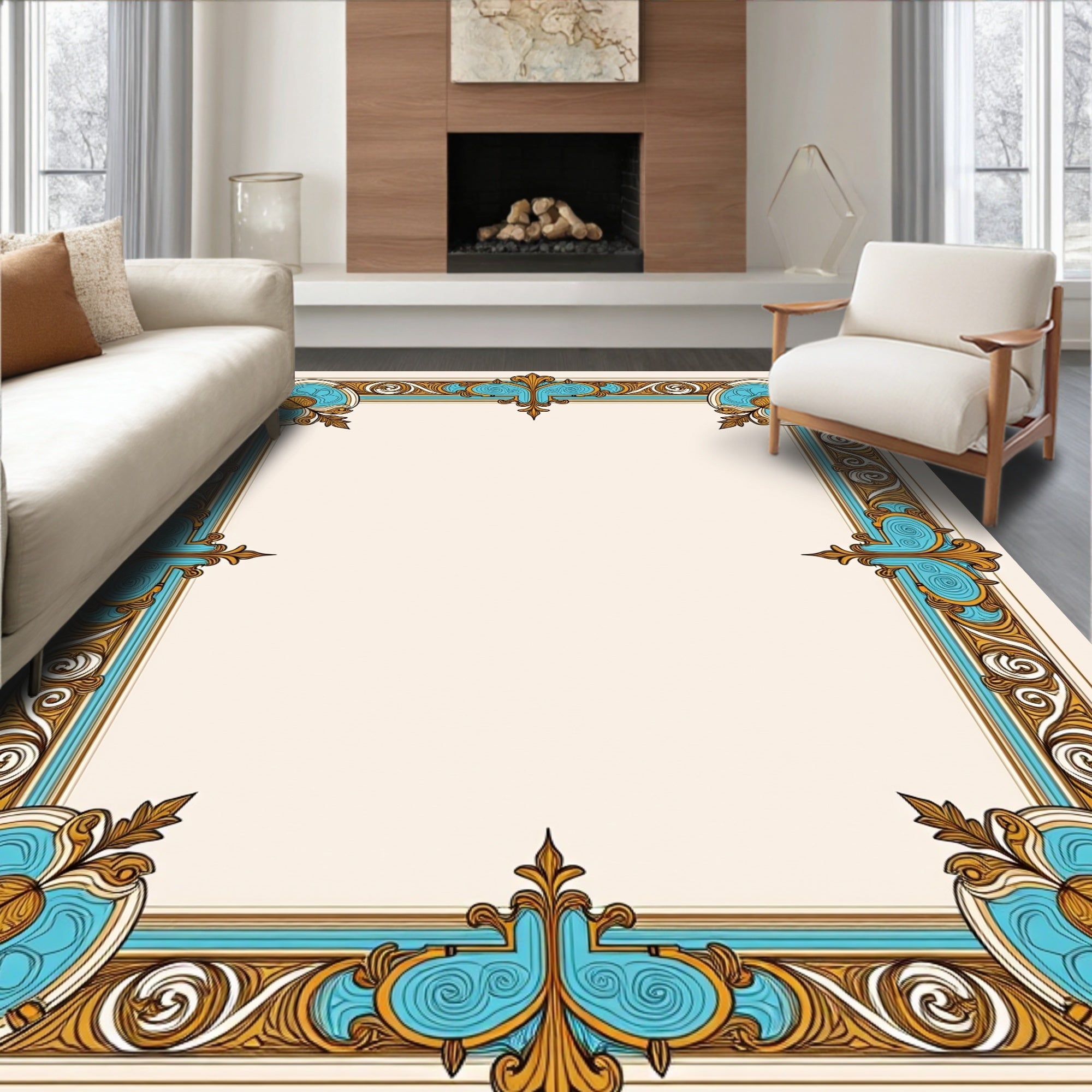 Ornate Floral Blue Gold Border Design Rug