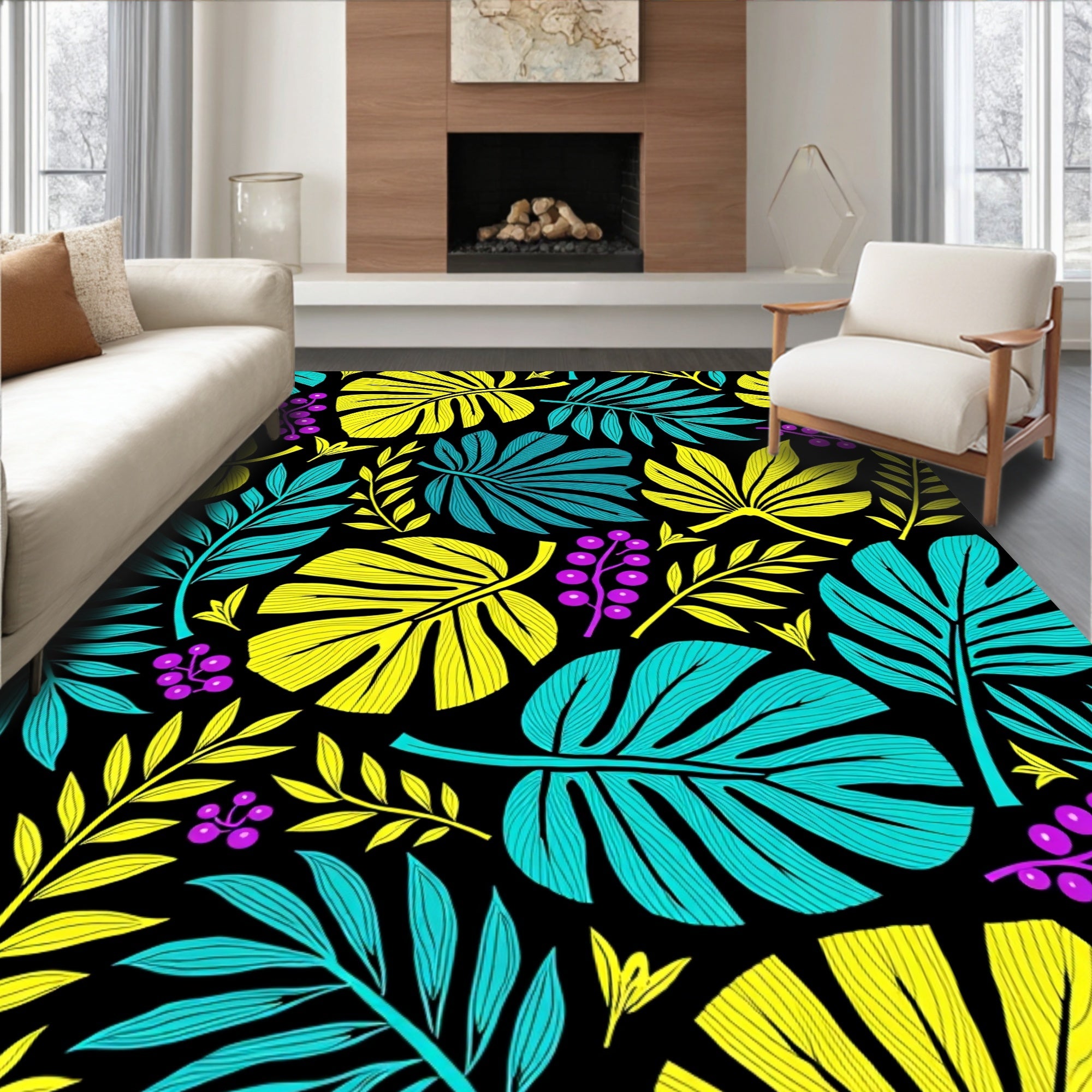 Vibrant Tropical Leaf Berry Collage Rug
