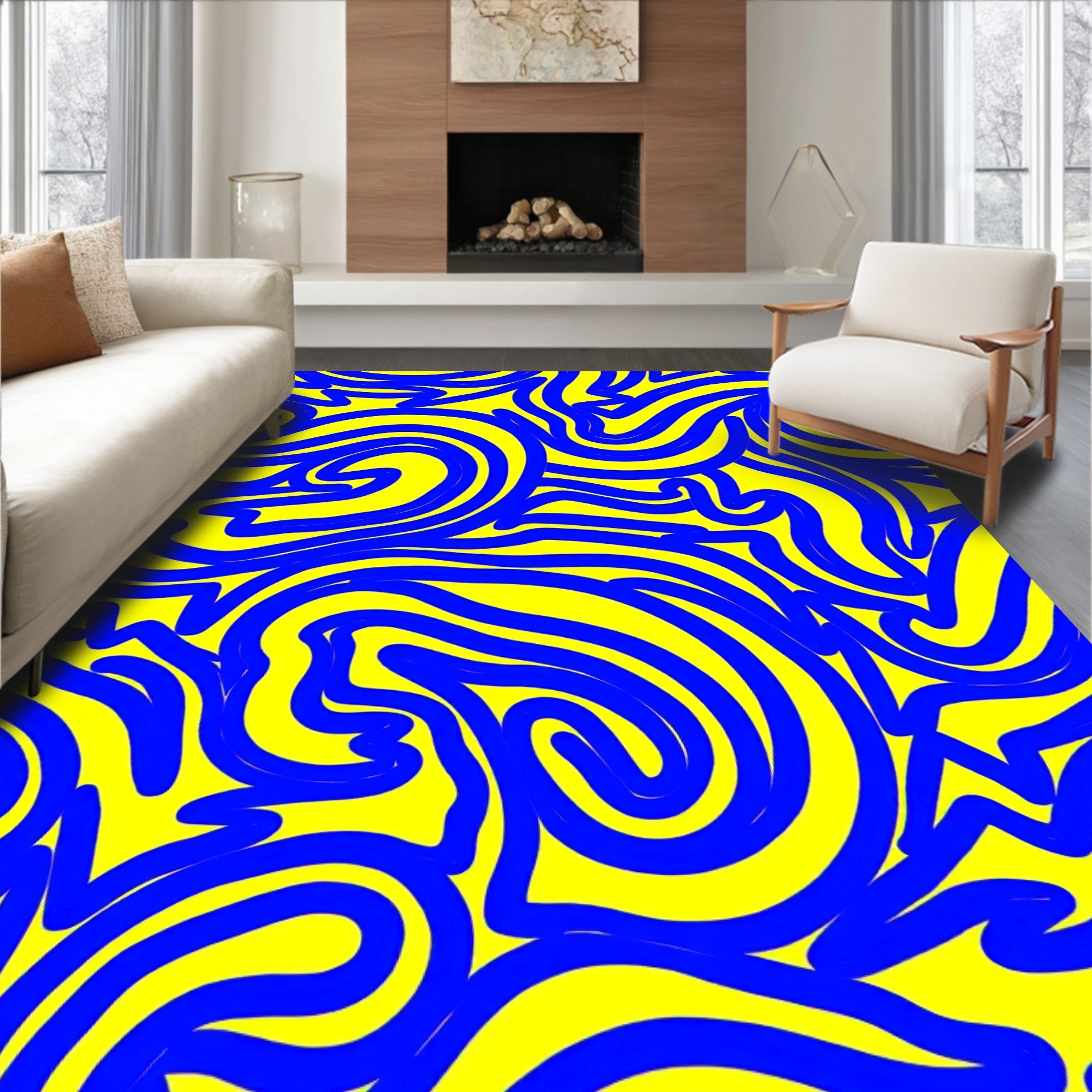 Bold Blue Swirls Yellow Abstract Rug