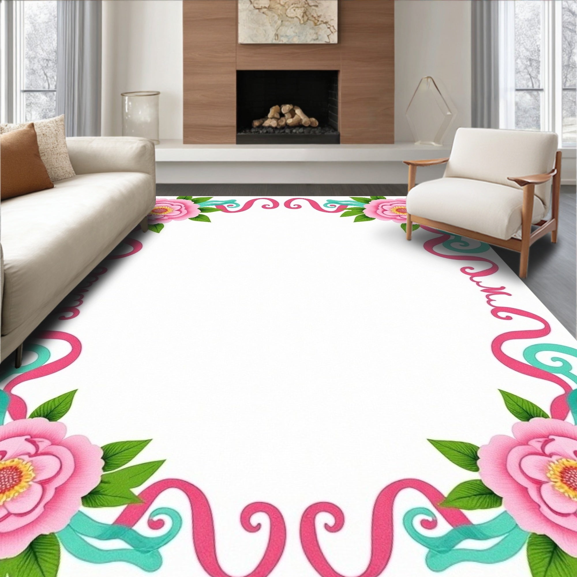 Pink Rose floral ribbon Border Design Rug
