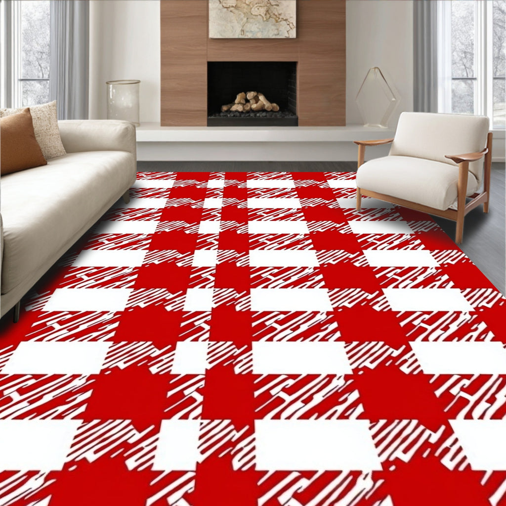 Red White Distressed Plaid Pattern Rug