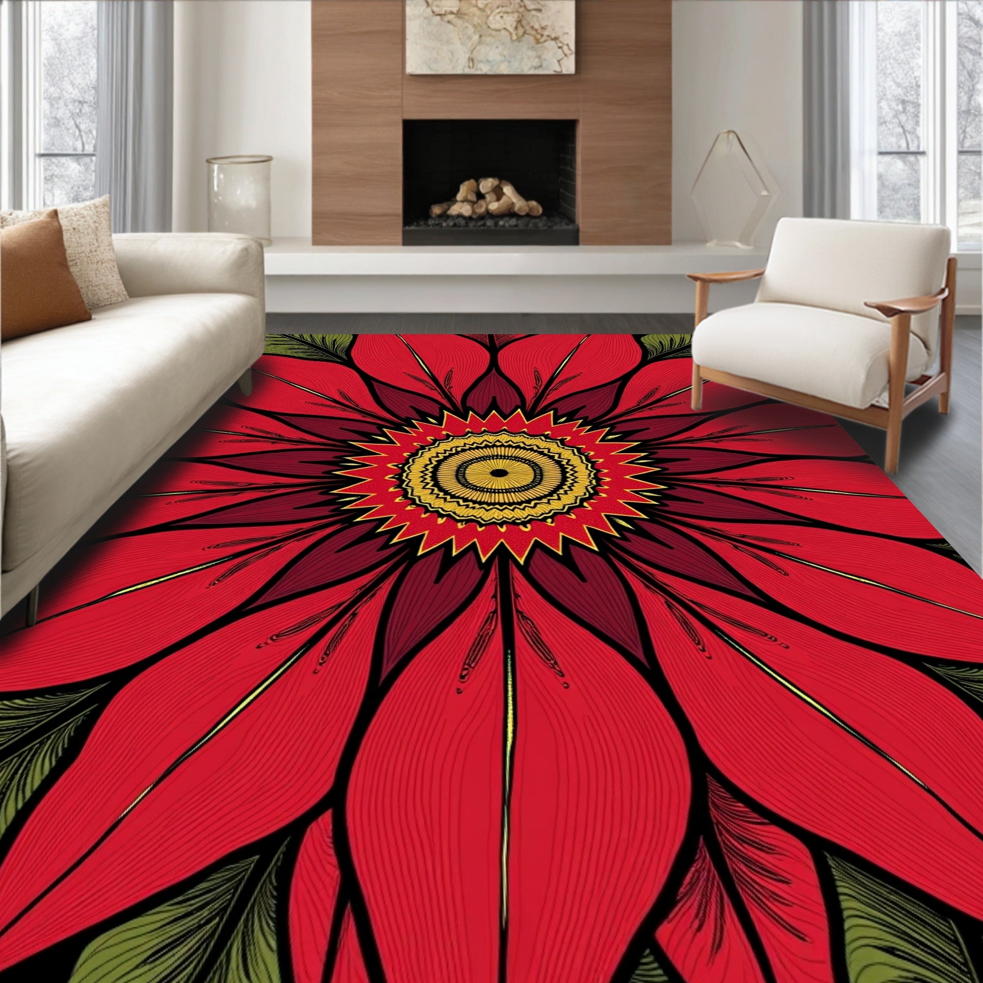 Radiant Red Flower Mandala Pattern Rug