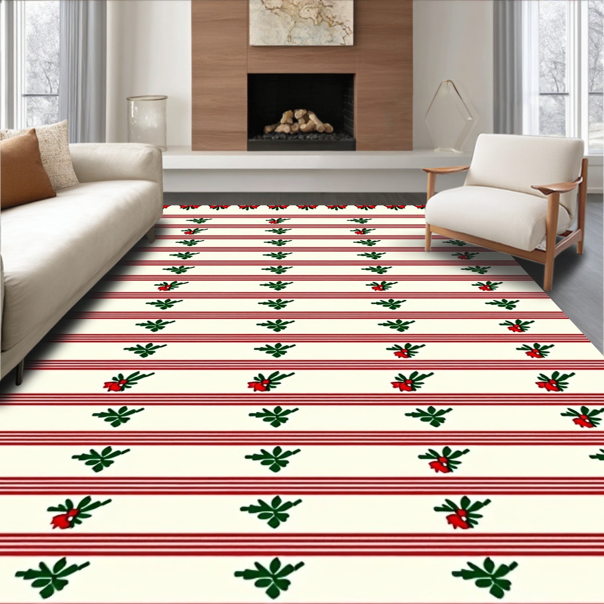 Red Stripe Holly Berry Accents Rug