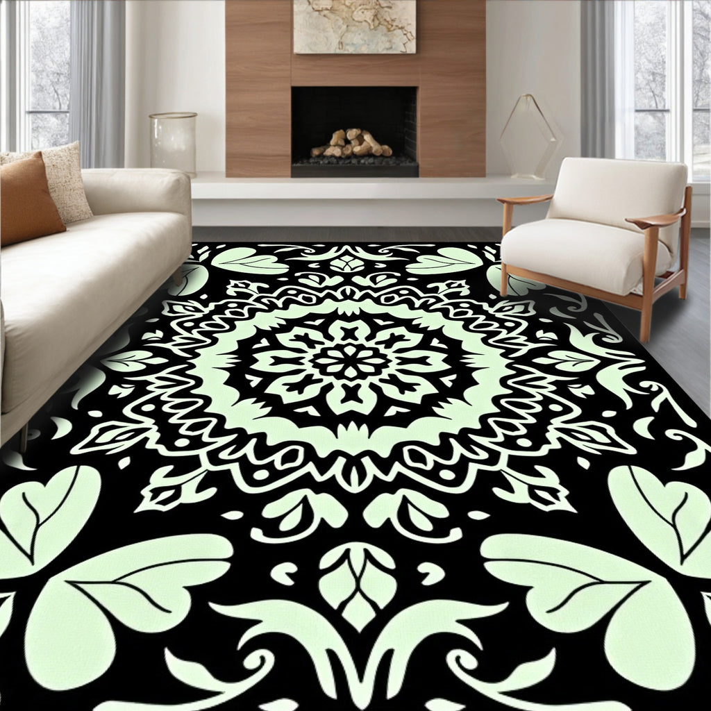 Intricate Floral Mandala Black and Light Green Rug