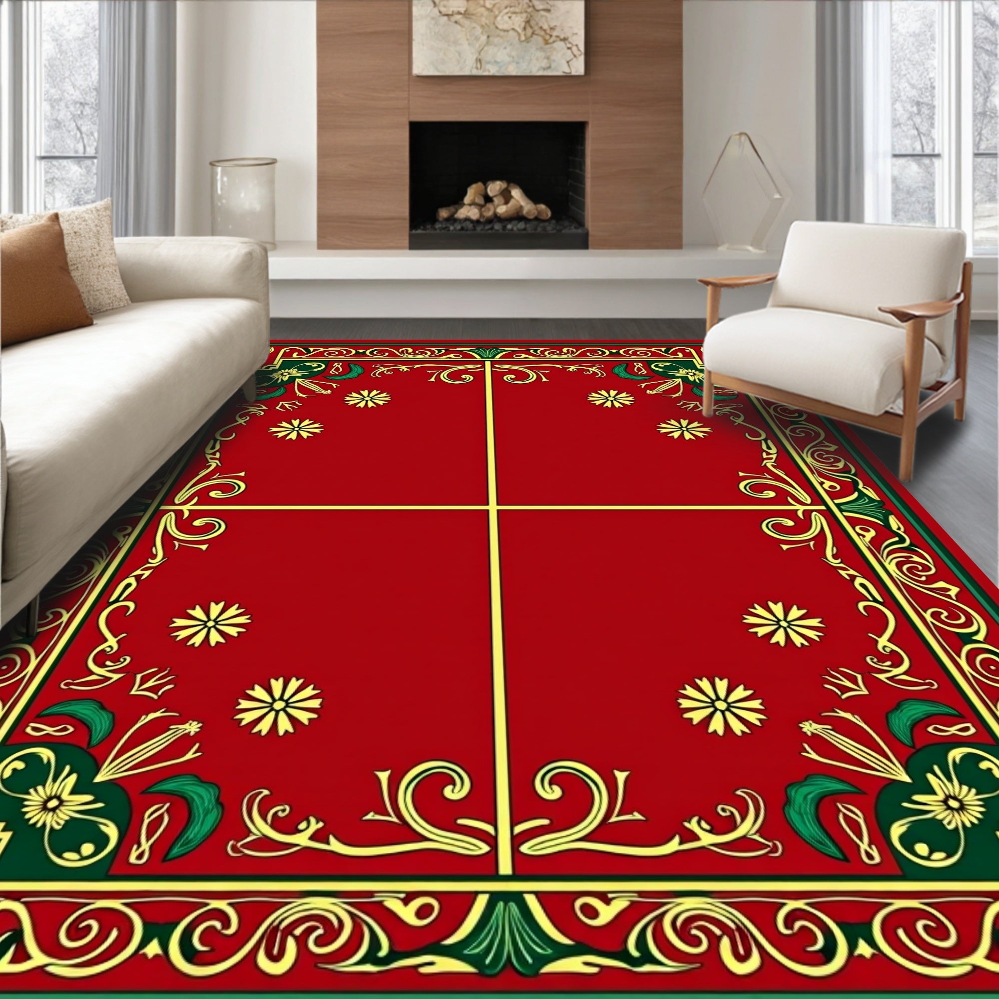Rich Red Floral Border Pattern Rug