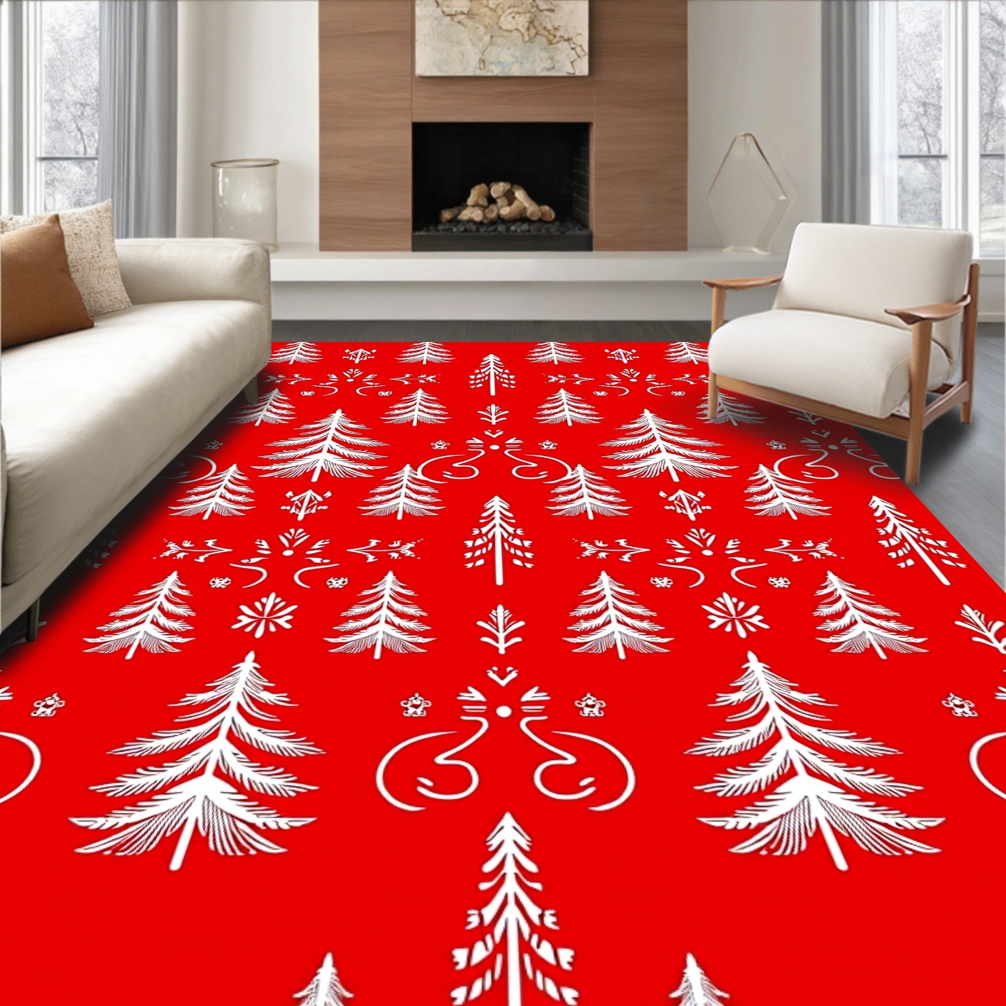 Festive Trees Winter Snowflake Pattern Rug