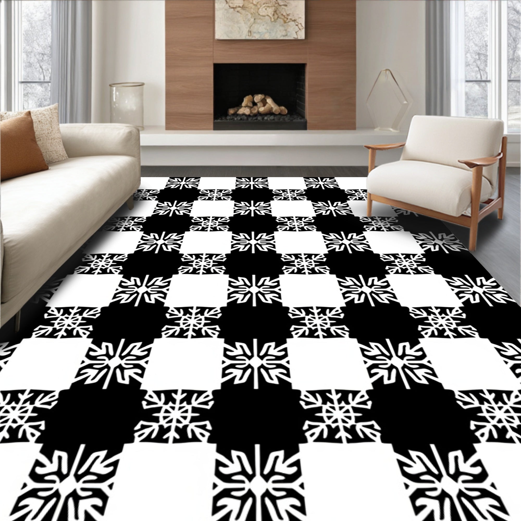 Bold Black White Geometric Snowflake Rug