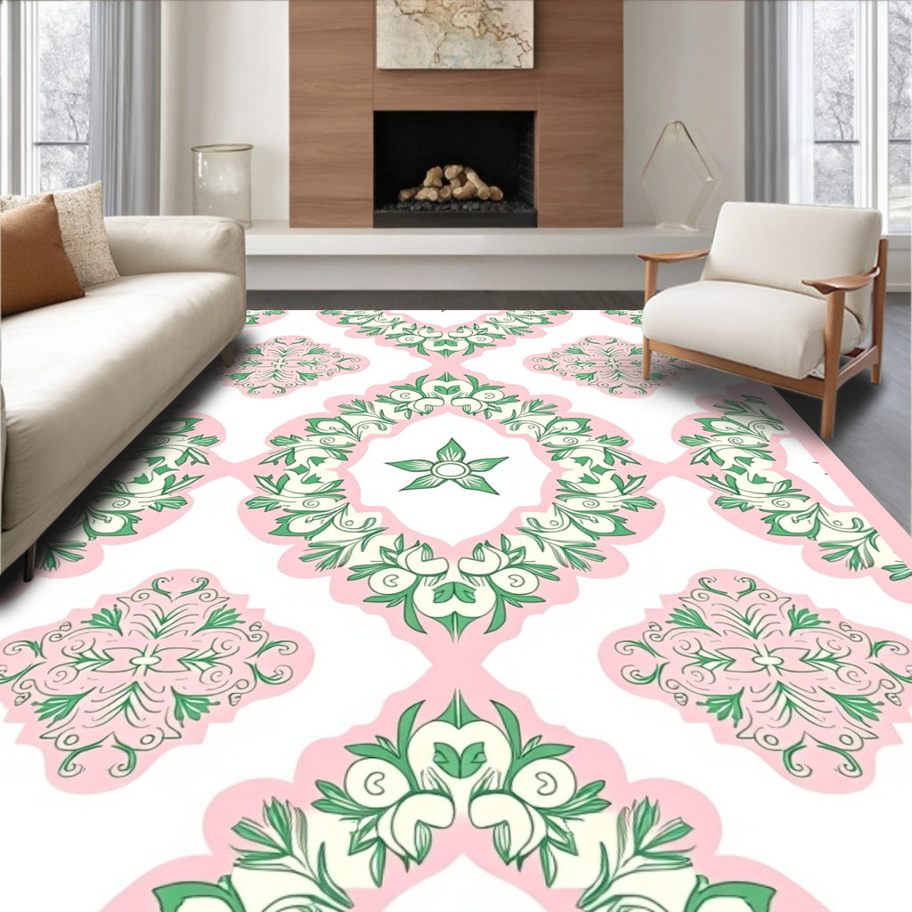 Pink Green Floral Medallion Pattern Rug