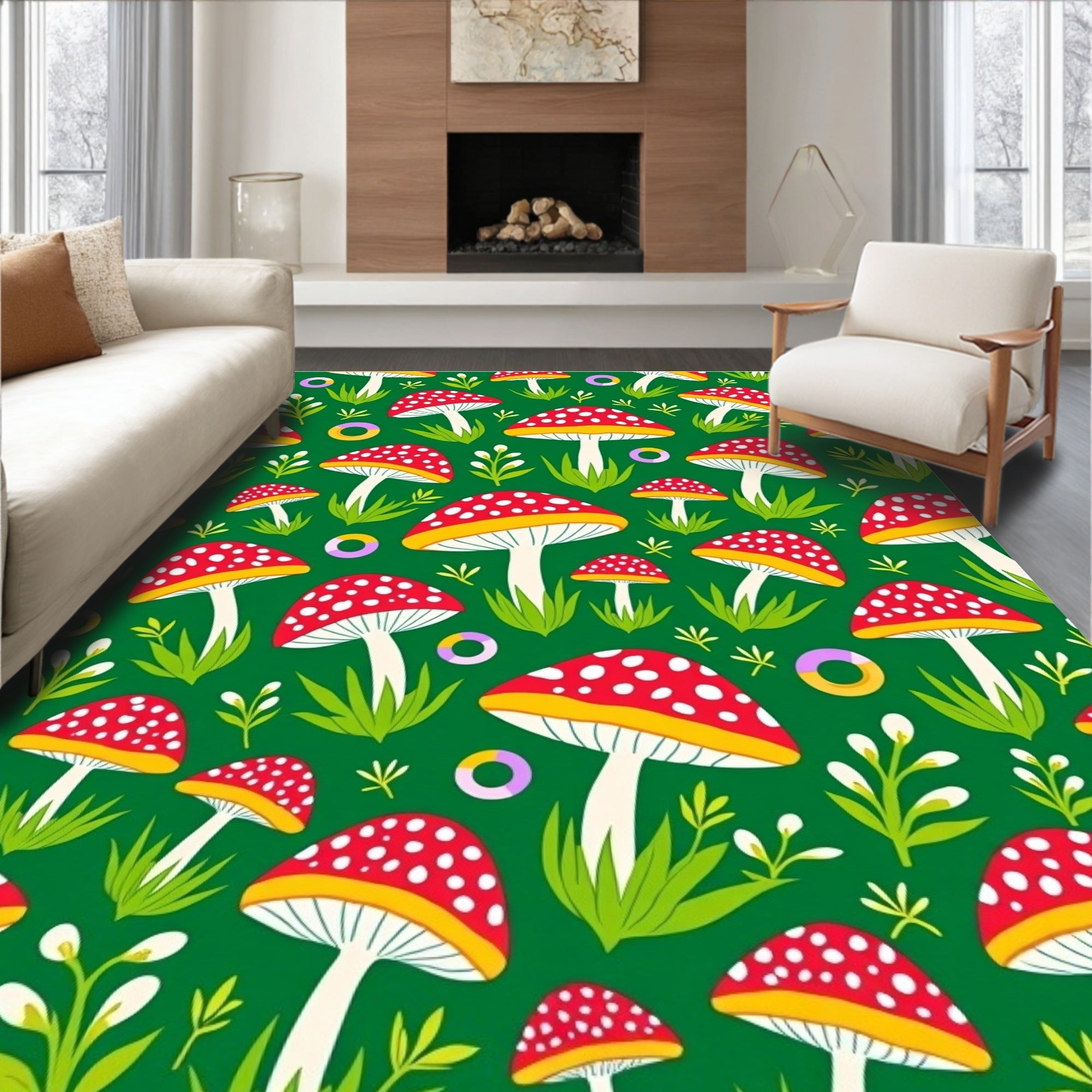 Whimsical Mushroom And Grass Pattern Rug