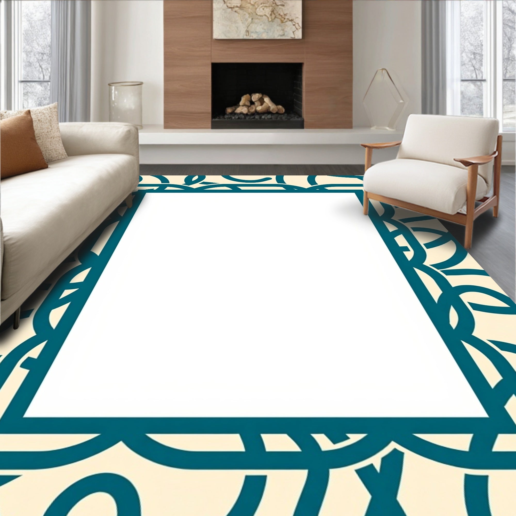 Teal Swirl Pattern Border Design Rug