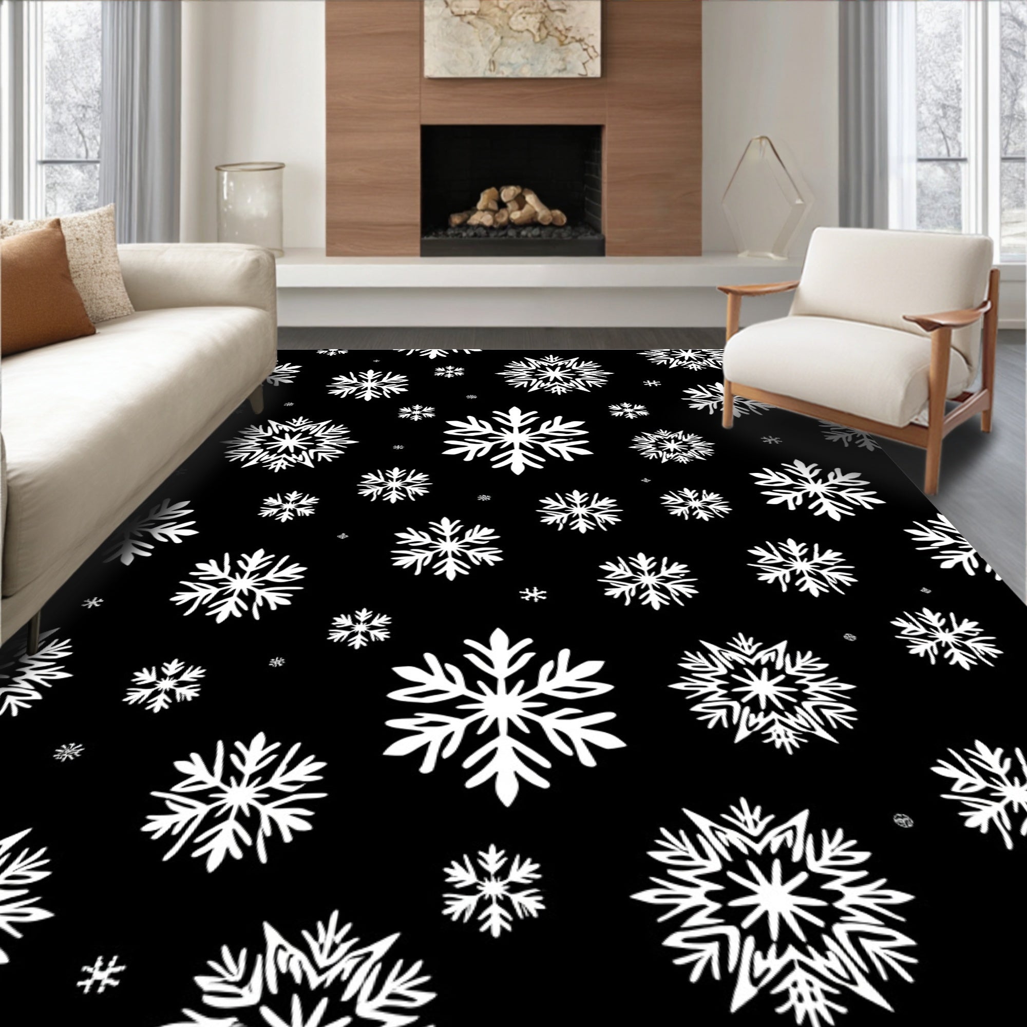 Chic White Snowflake Scatter Black Rug