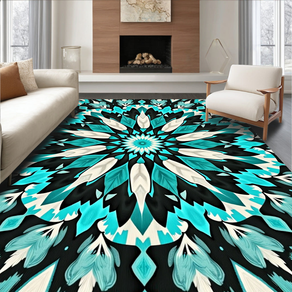 Cyan Feathered Mandala Pattern Rug