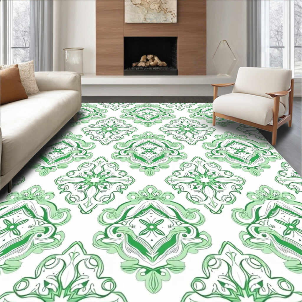 Emerald Green Classic Damask Pattern Rug