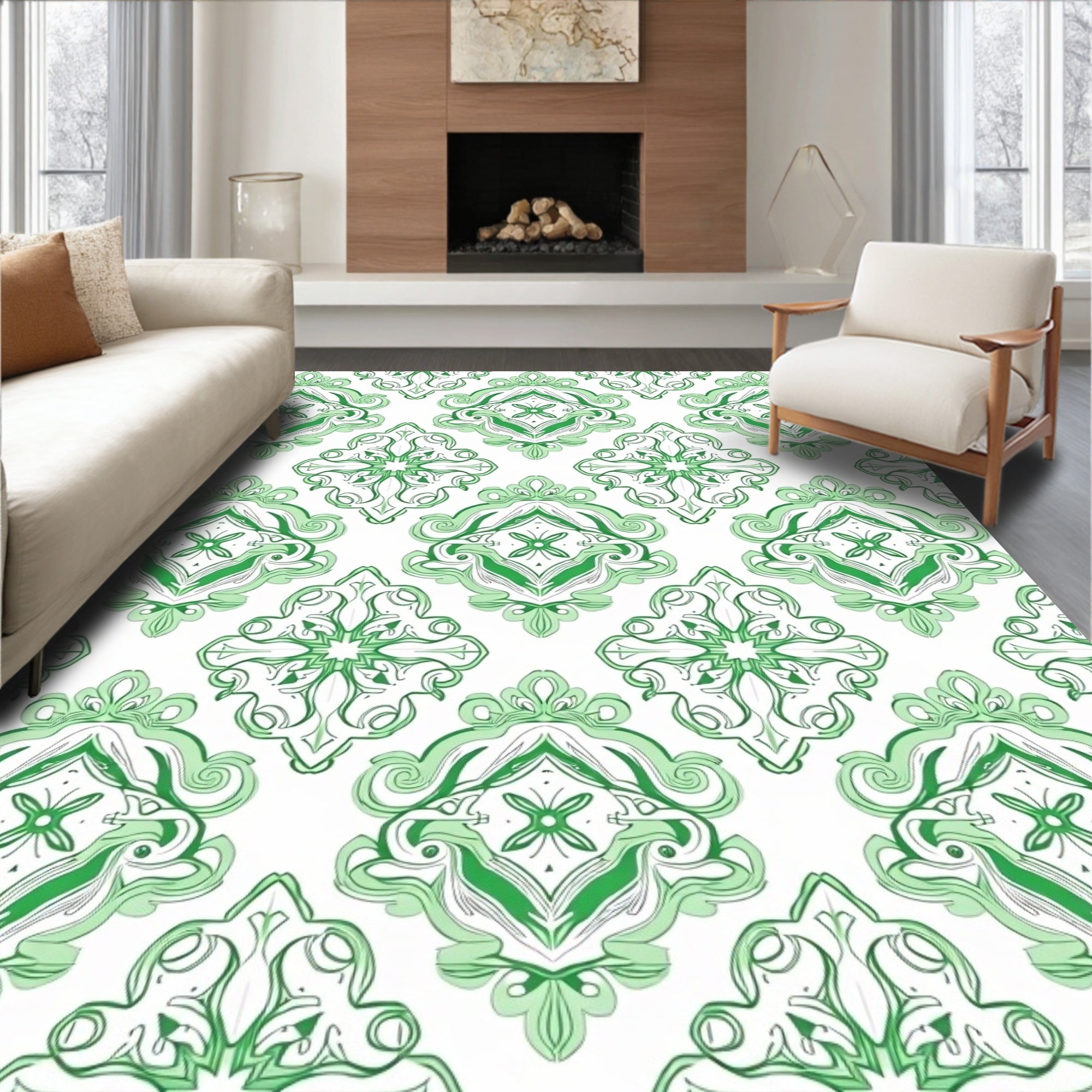 Emerald Green Classic Damask Pattern Rug