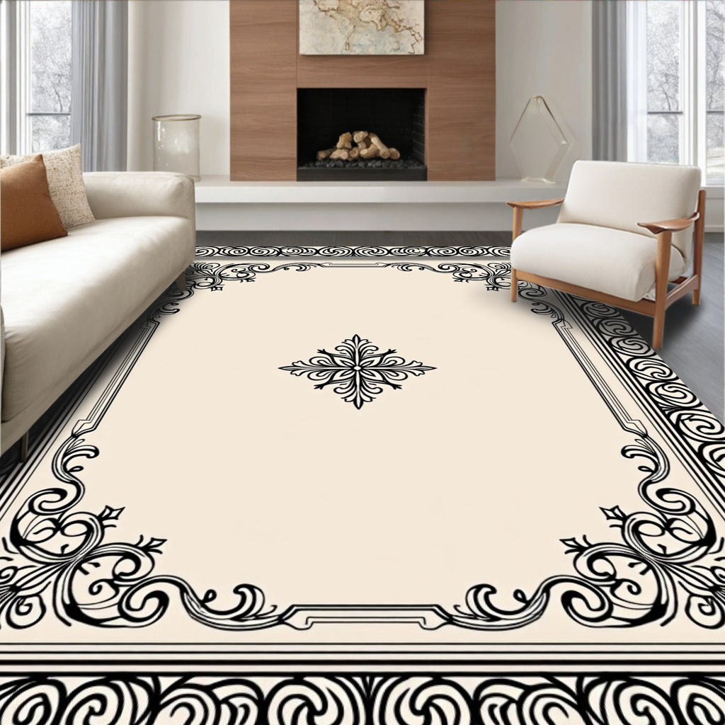 Ornate Black Swirl Floral Frame Rug