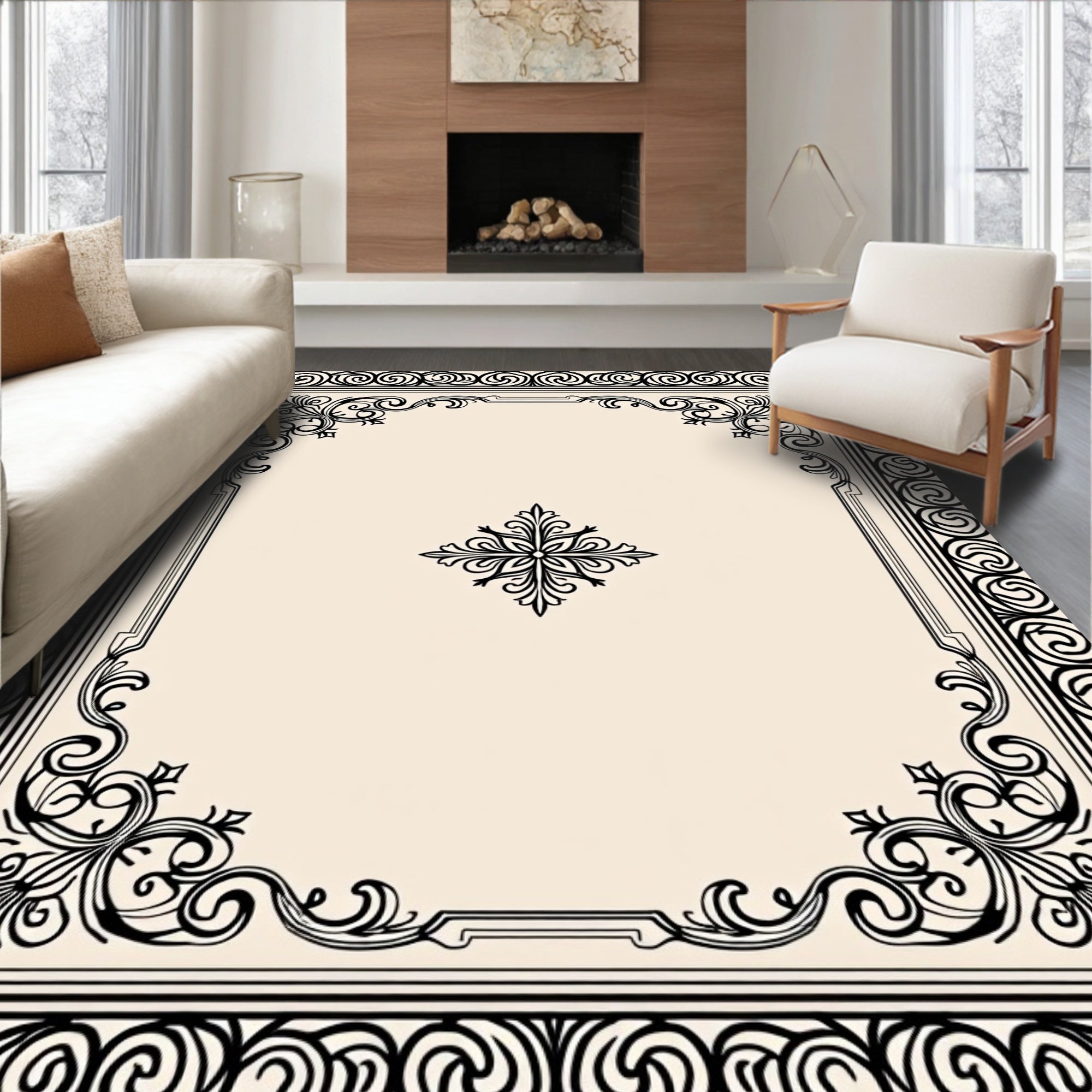 Ornate Black Swirl Floral Frame Rug