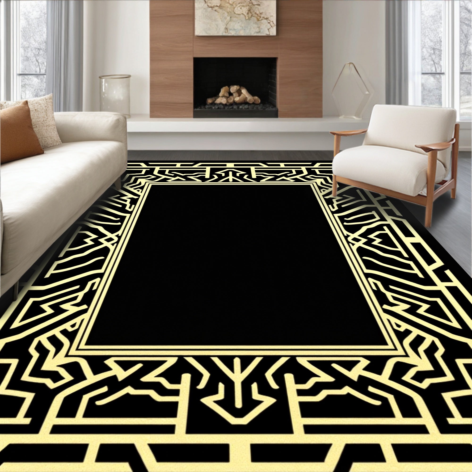 Art Deco Golden Geometric Border Design Rug