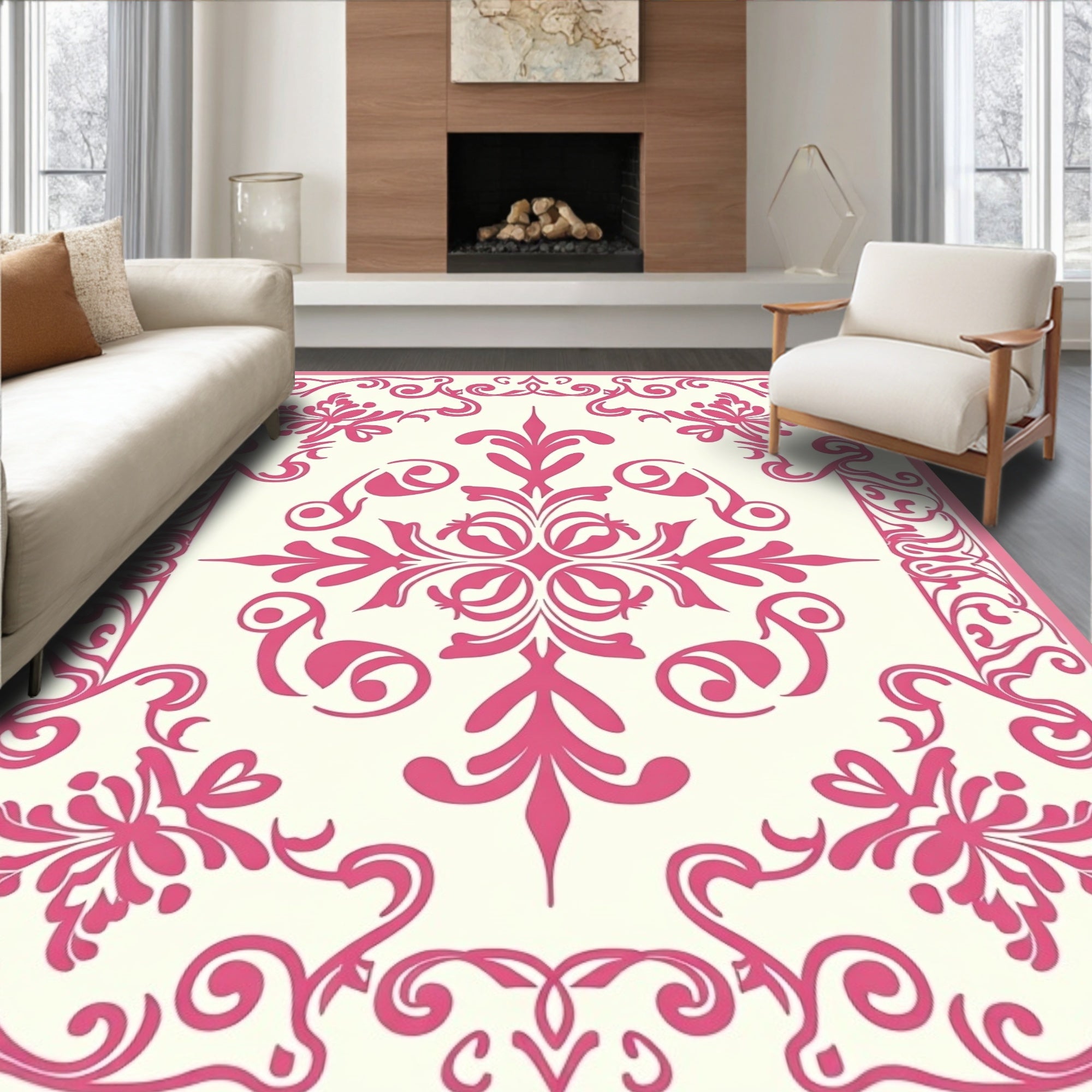Ornate Pink Floral Medallion Pattern Rug