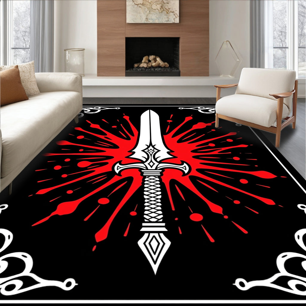 Bold Sword Crimson Splatter Design Rug