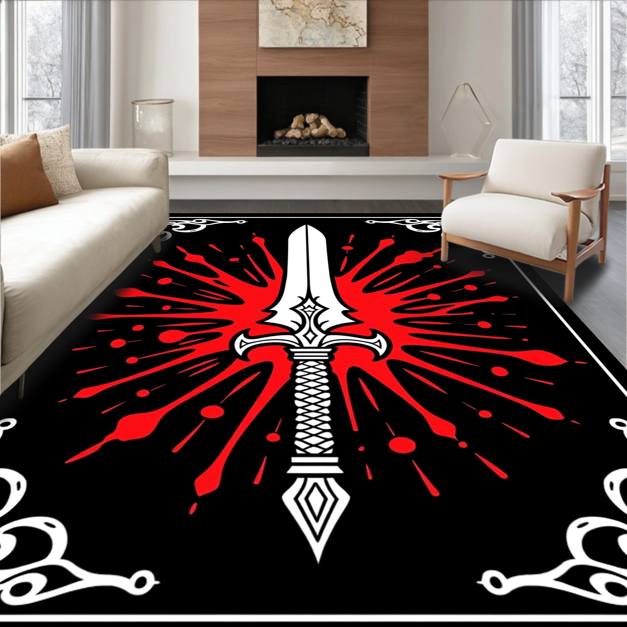 Bold Sword Crimson Splatter Design Rug