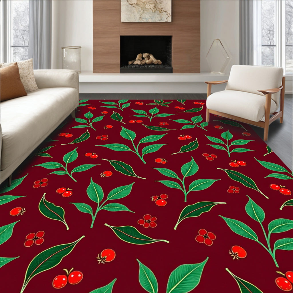 Deep Red Cherry Blossom Leaf Pattern Rug