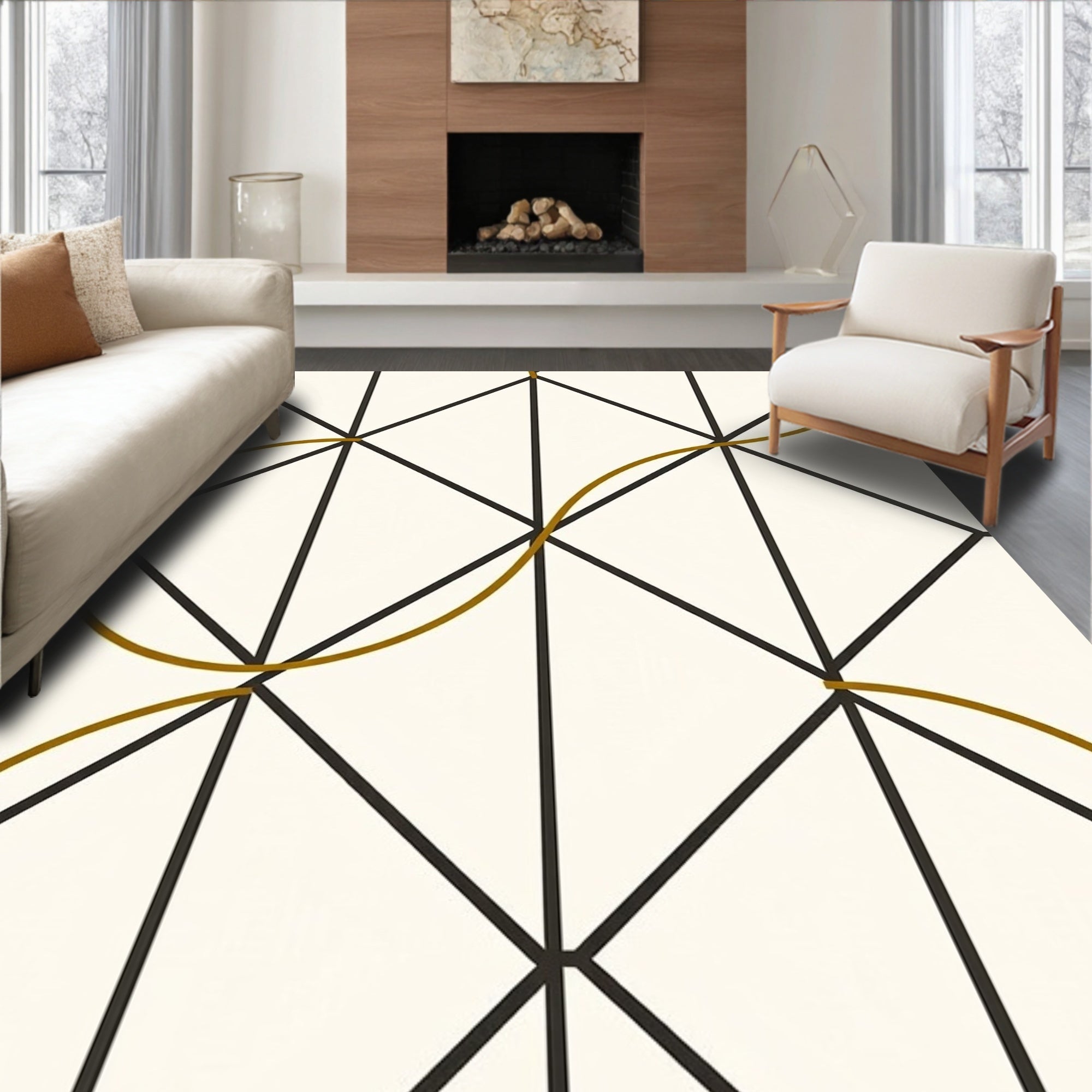 Geometric Black Gold Abstract Lines Rug