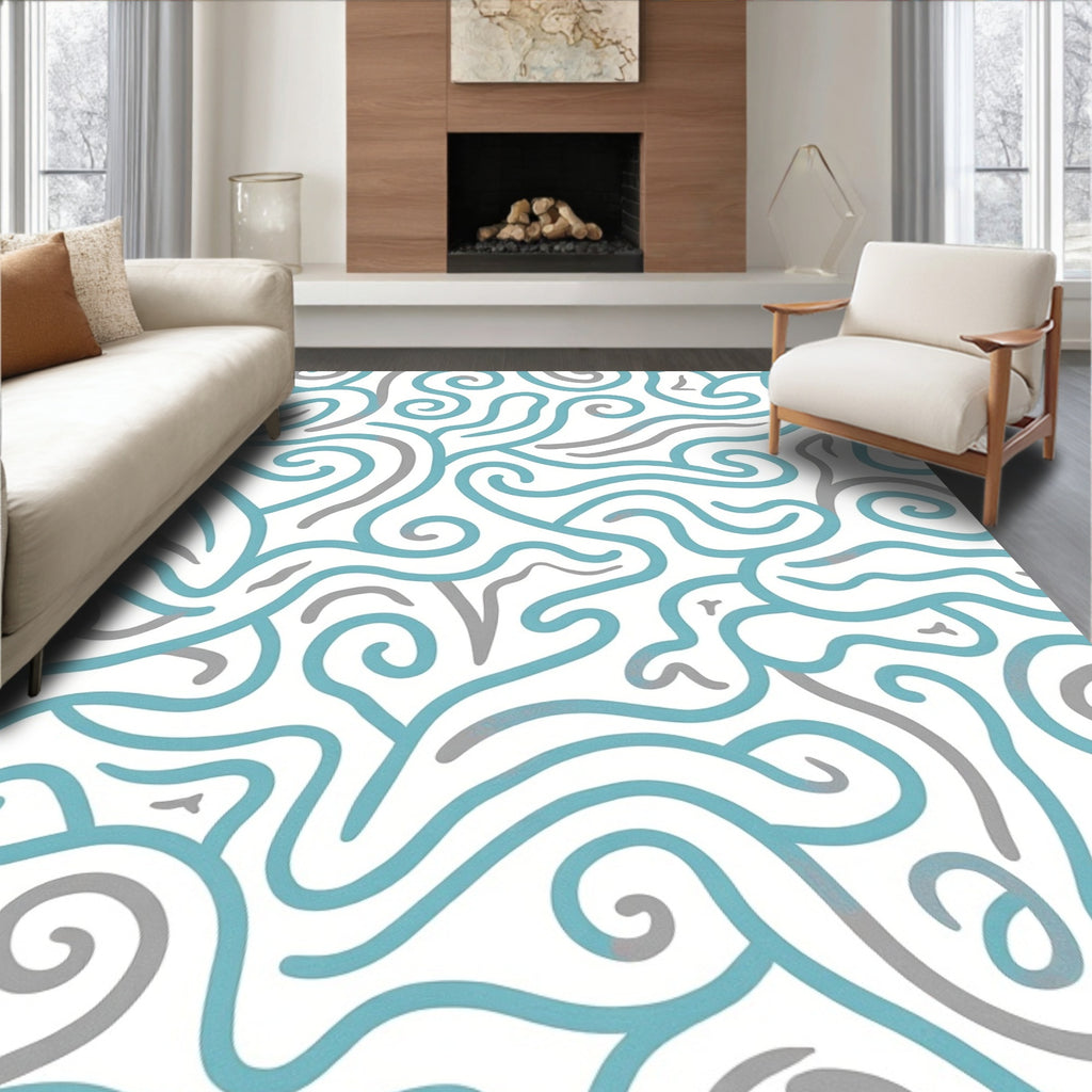 Curving Teal And Gray Abstract Design Rug