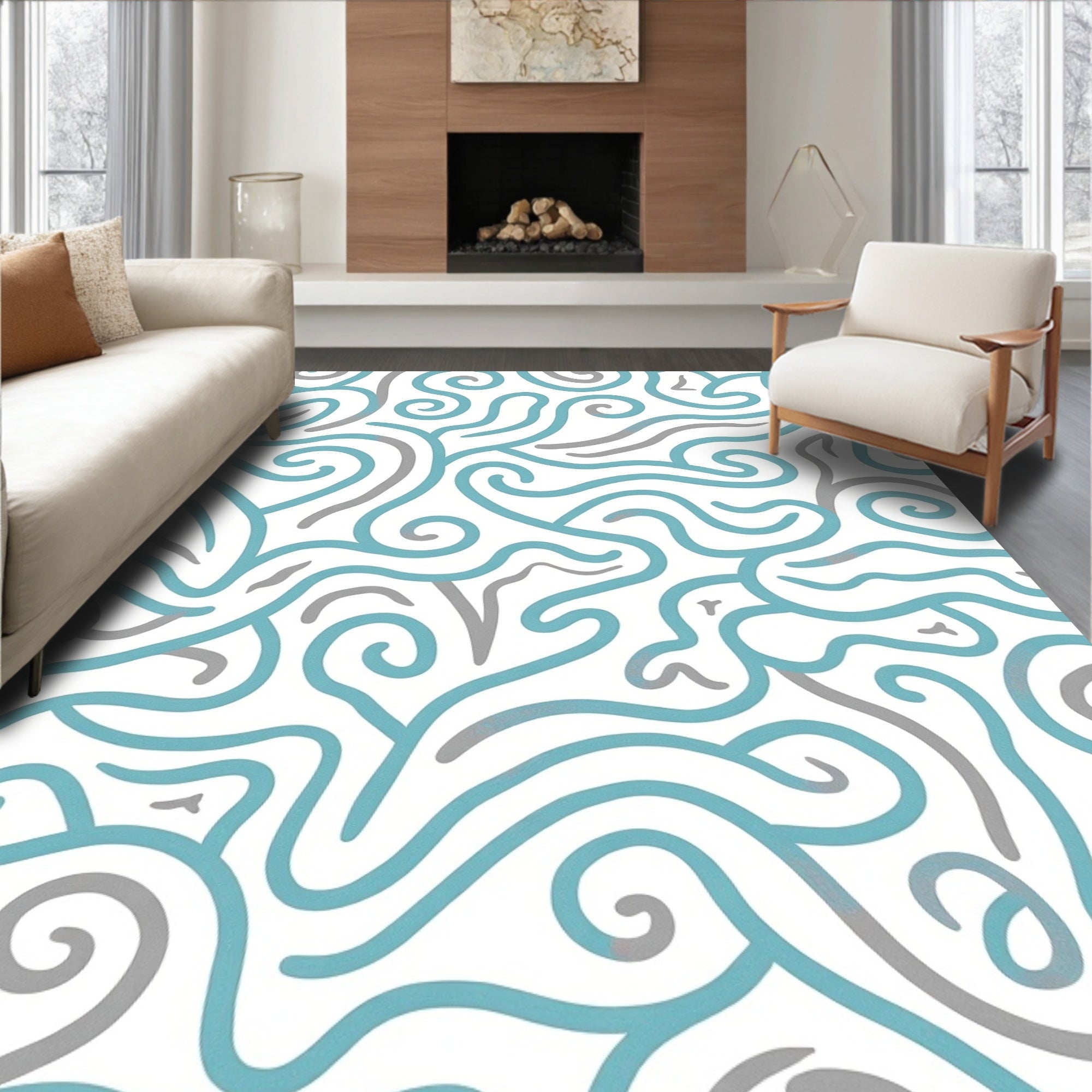Curving Teal And Gray Abstract Design Rug
