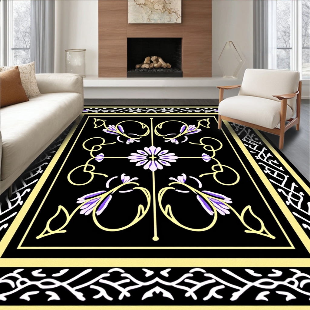 Ornate Floral Vine Black Rug Design Rug