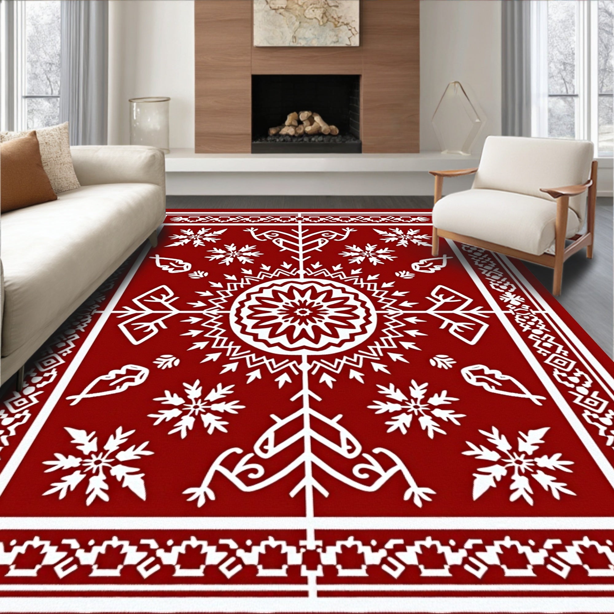 Crimson White Folk Art Mandala Rug