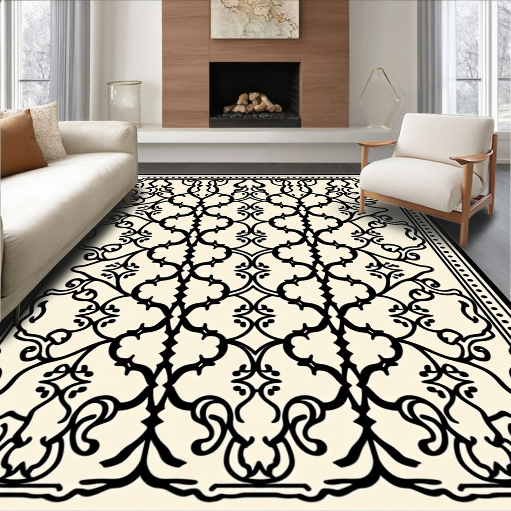 Ornate Black Cream Scrollwork Rug