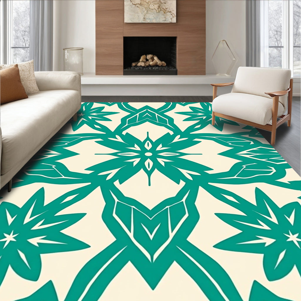 Teal And Cream Geometric Floral Pattern Rug