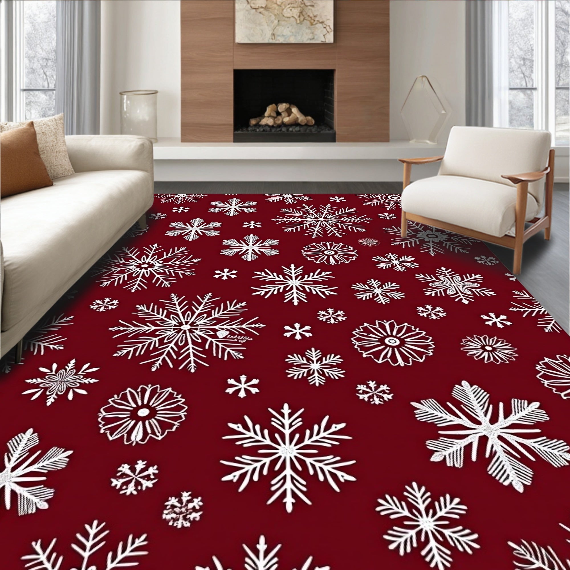 Crimson Snowflake Pattern Design Rug