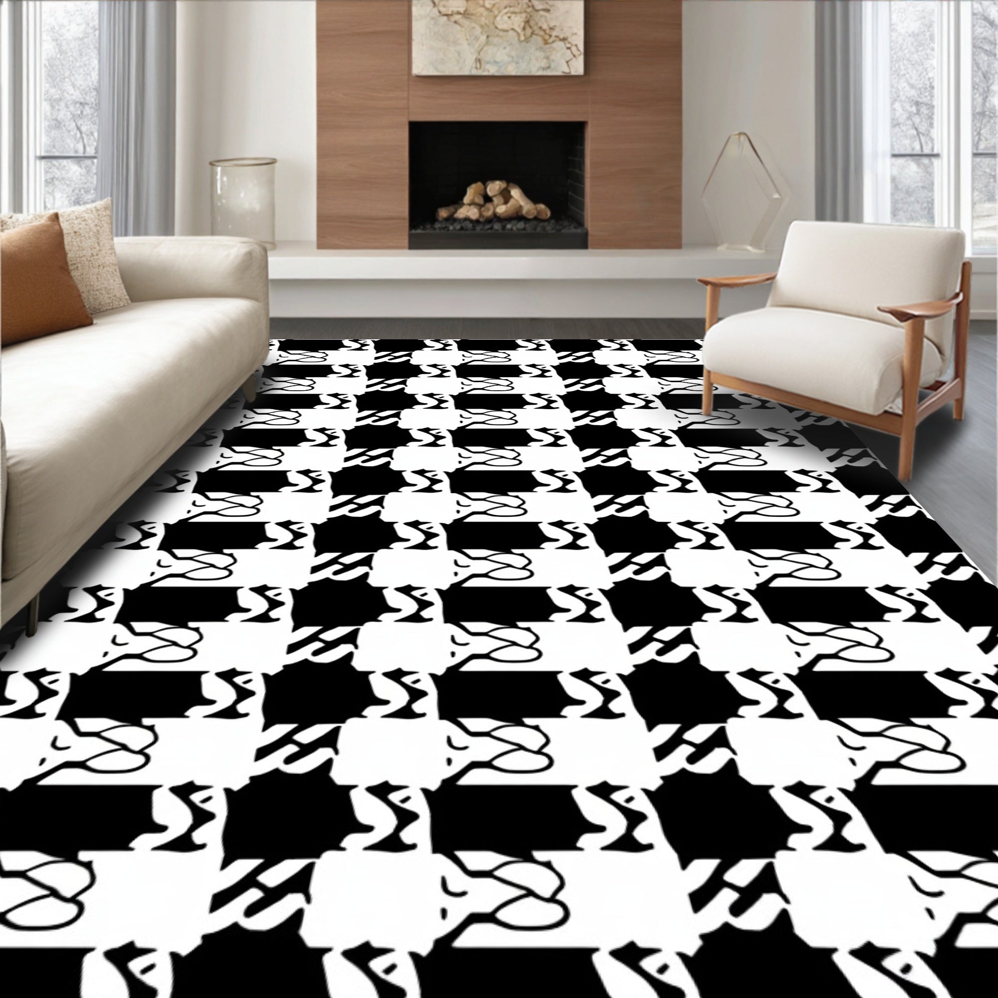 Houndstooth Abstract Black White Pattern Rug