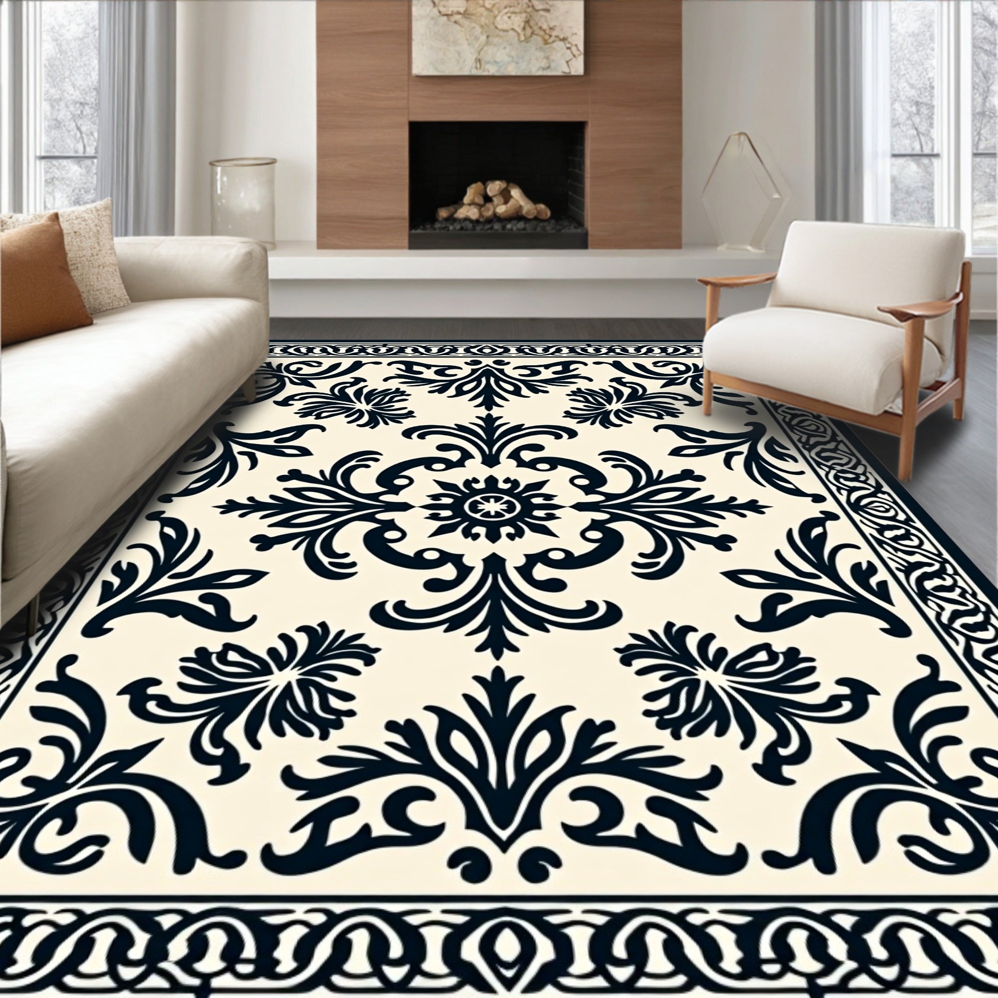 Elegant Scrollwork and Floral Damask Design Rug