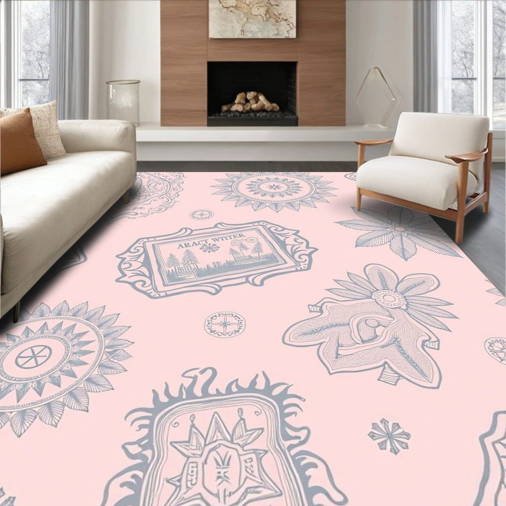 Pink Grey Ornate Mandala Scroll Artwork Rug