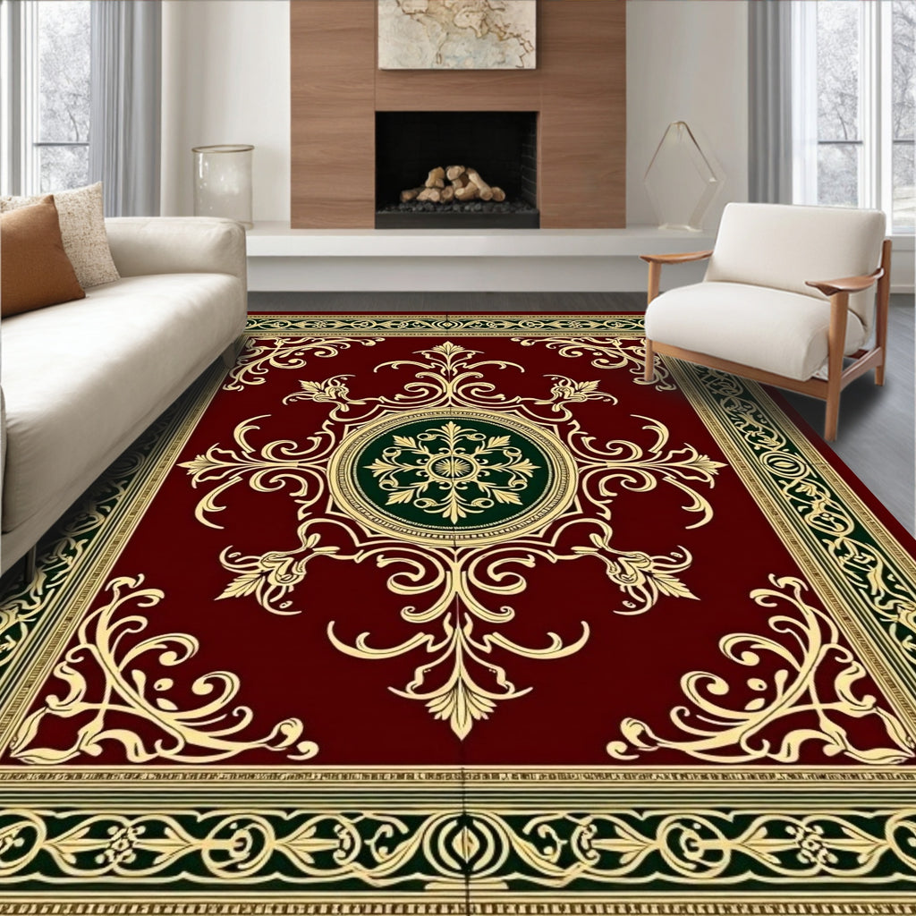 Ornate Burgundy And Gold Scroll Pattern Rug