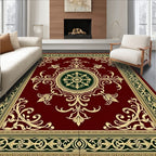 Ornate Burgundy And Gold Scroll Pattern Rug