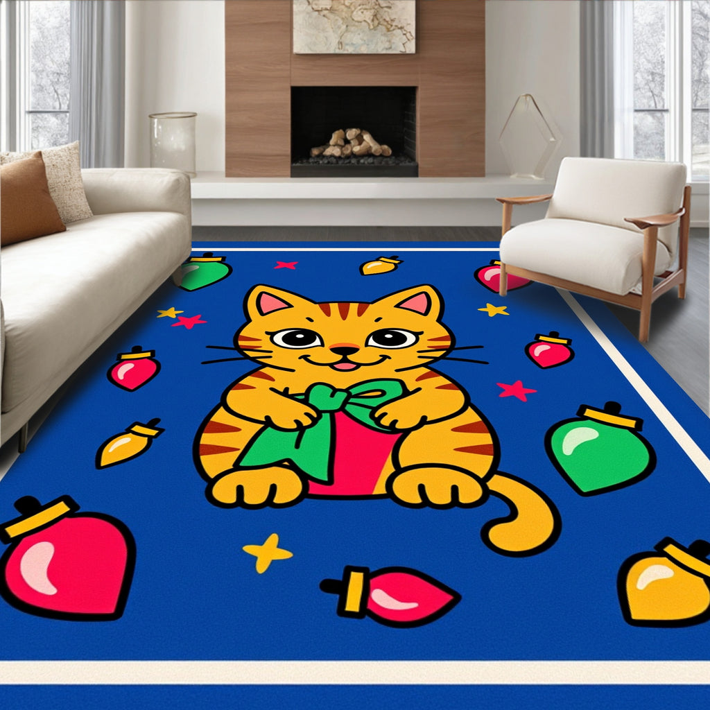 Whimsical Kitty With Present Pattern Rug