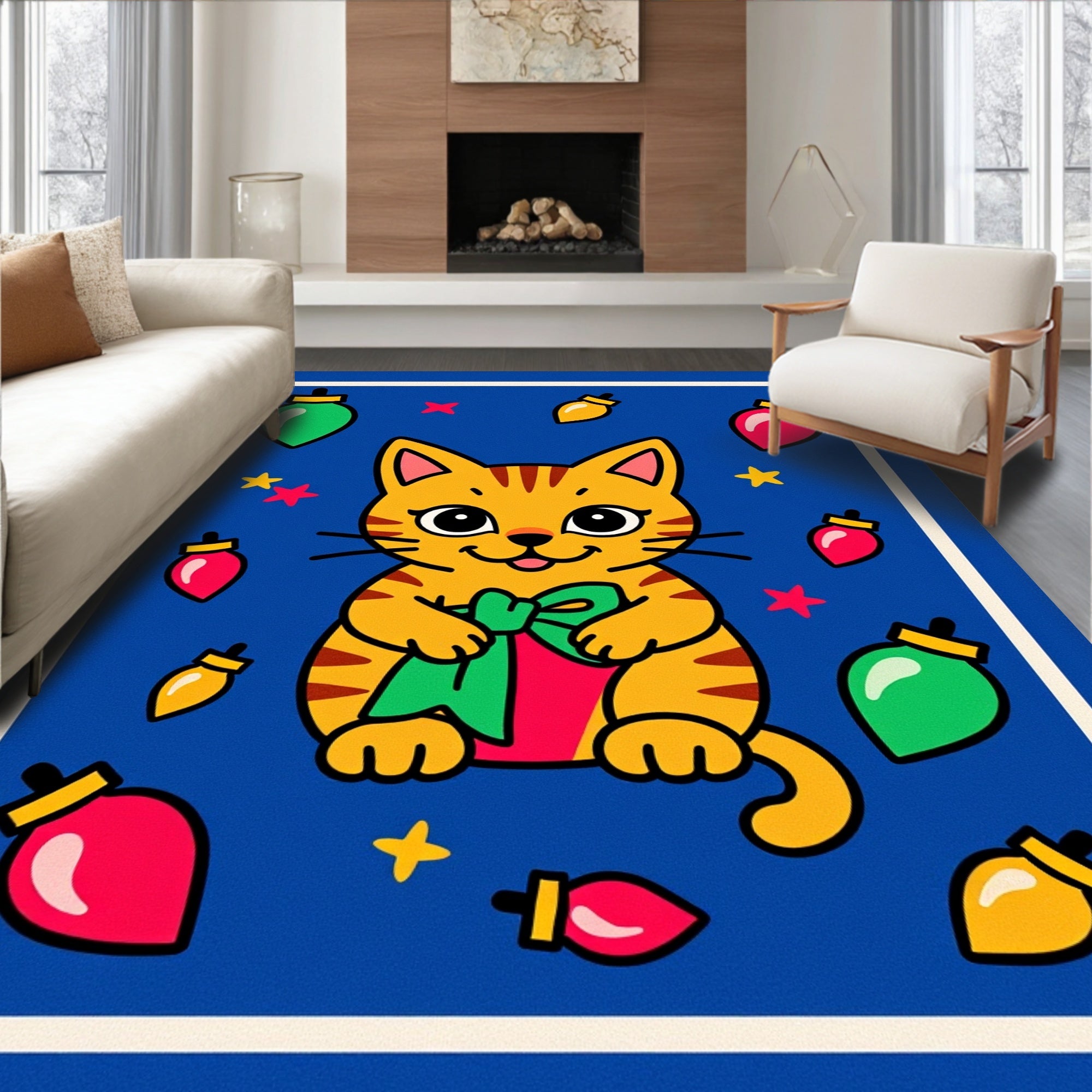 Whimsical Kitty With Present Pattern Rug