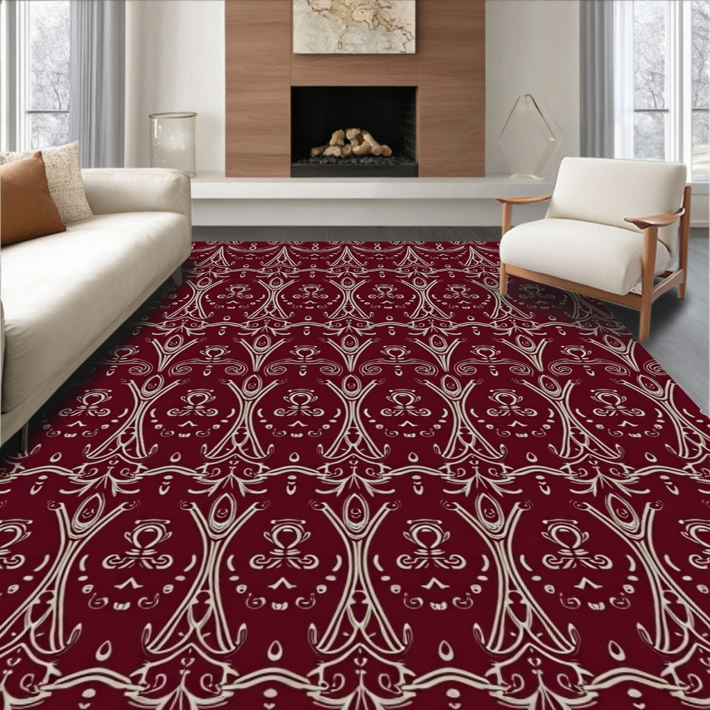 Elaborate Damask Beige Maroon Pattern Rug