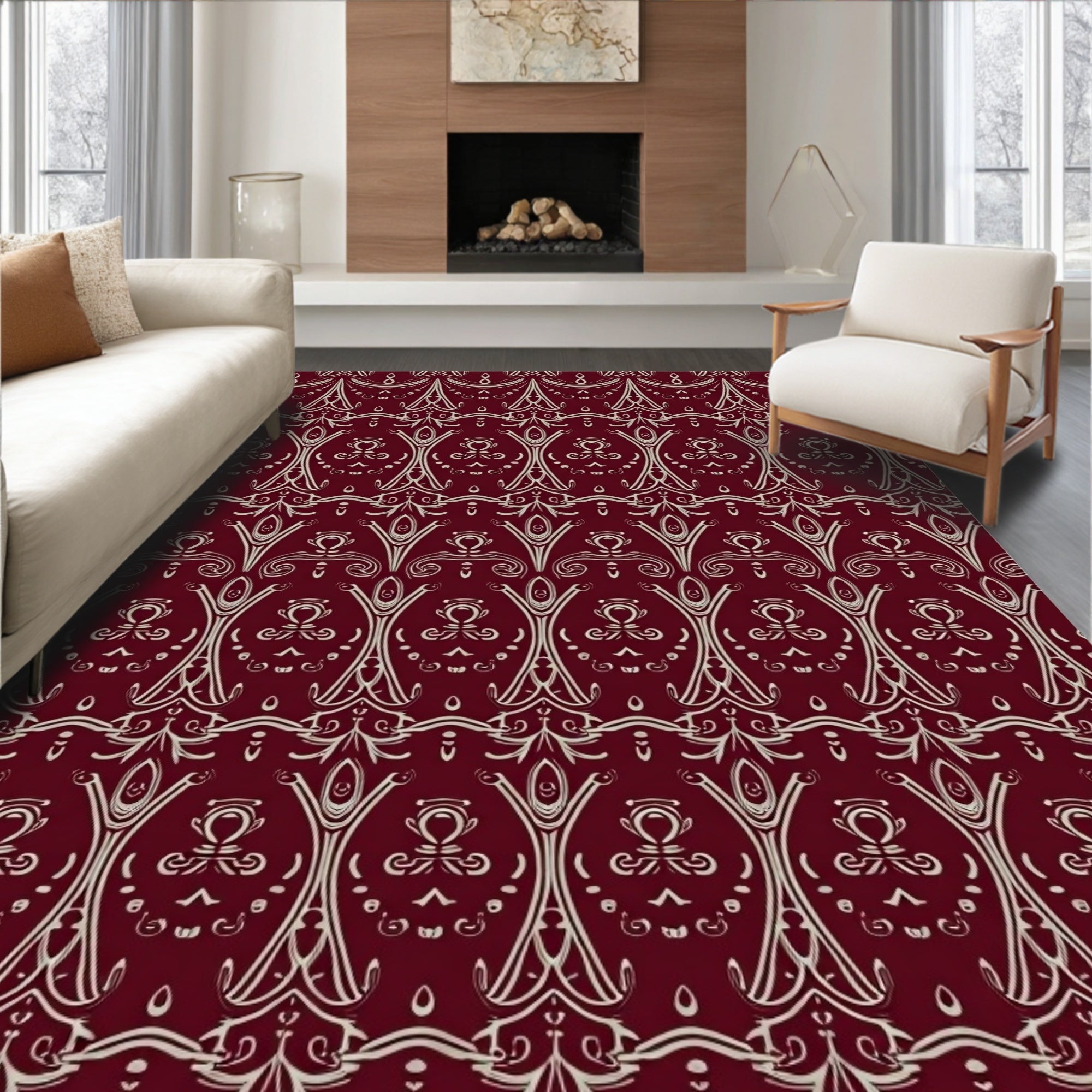 Elaborate Damask Beige Maroon Pattern Rug