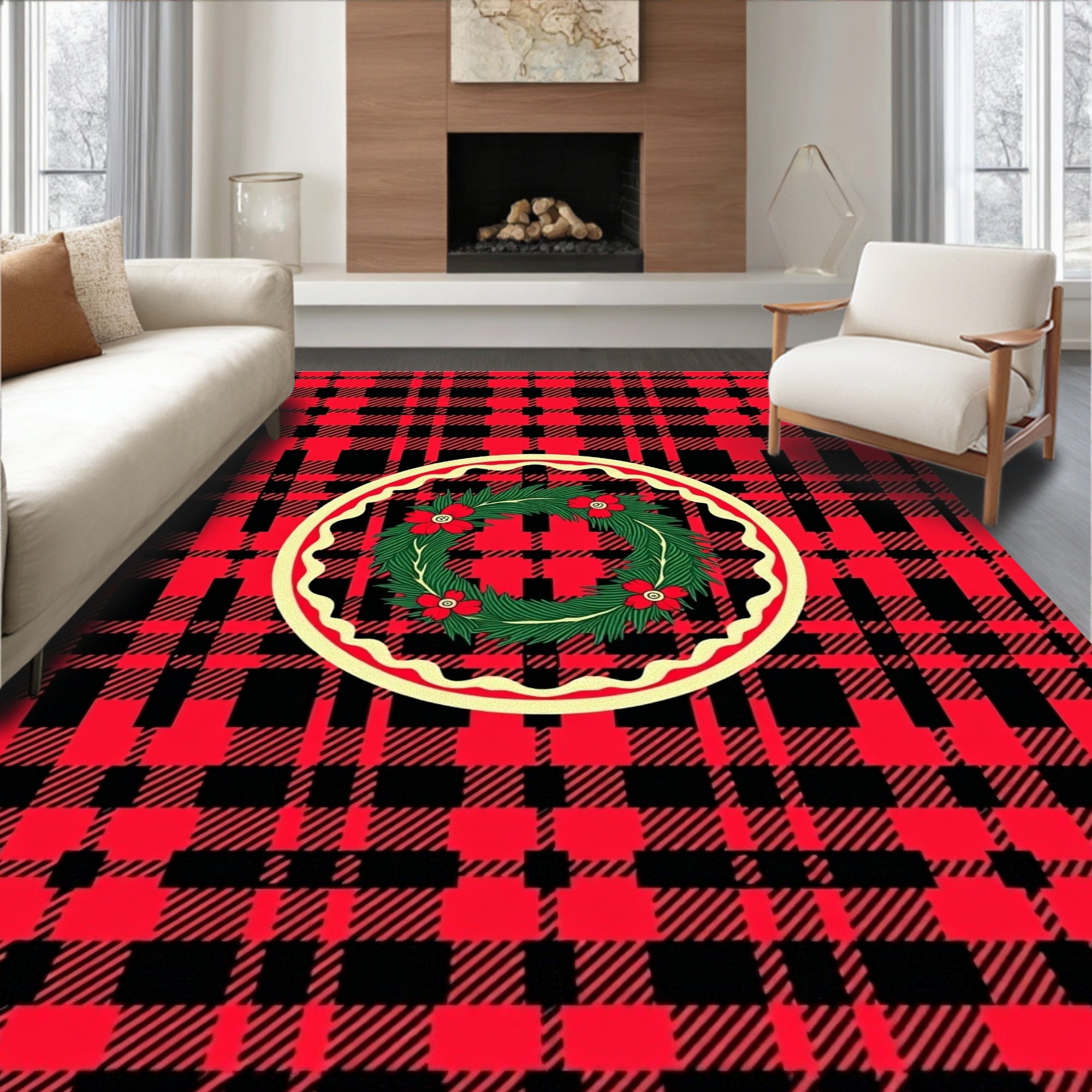 Rustic Red Plaid Wreath Design Rug