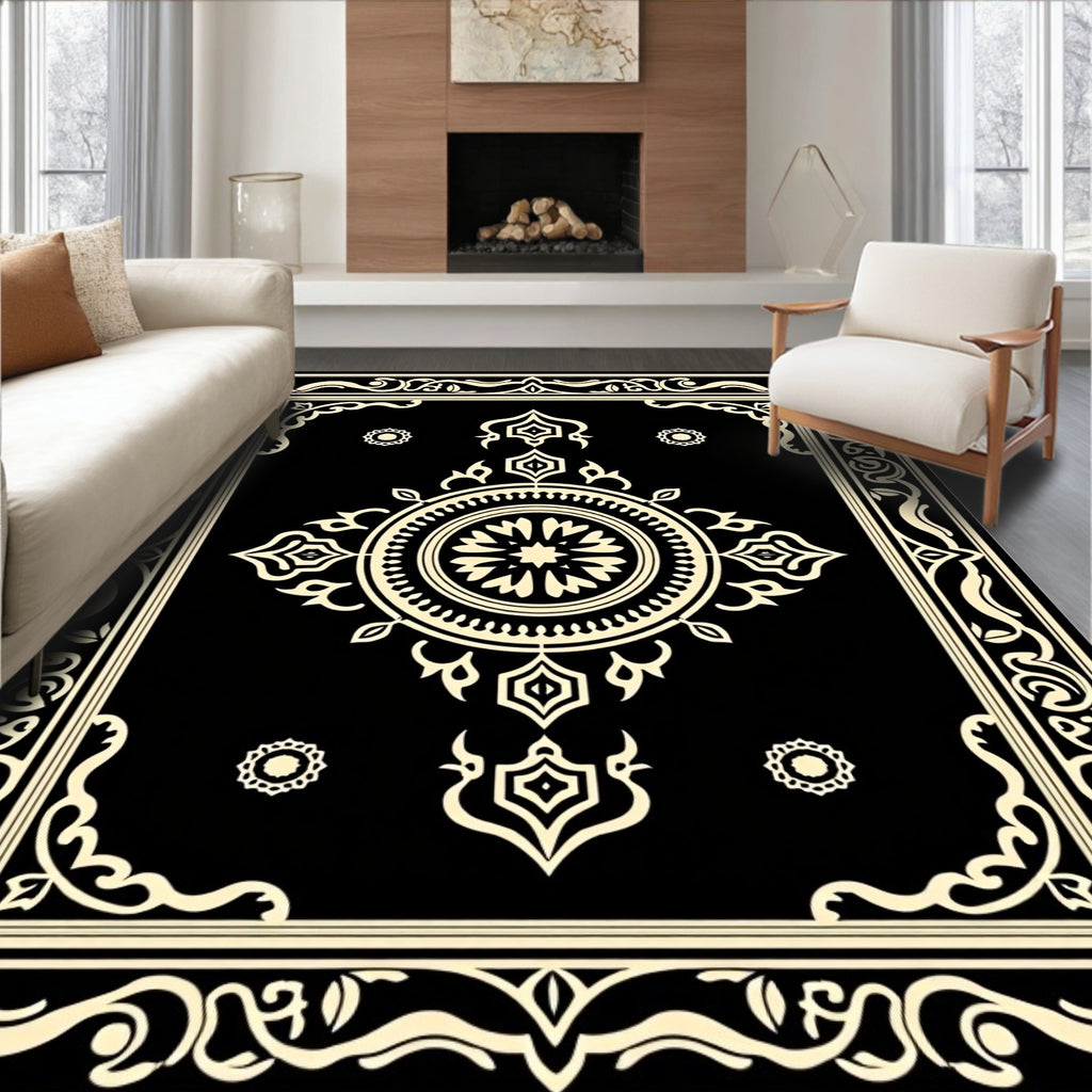 Bold Black Cream Medallion Design Rug