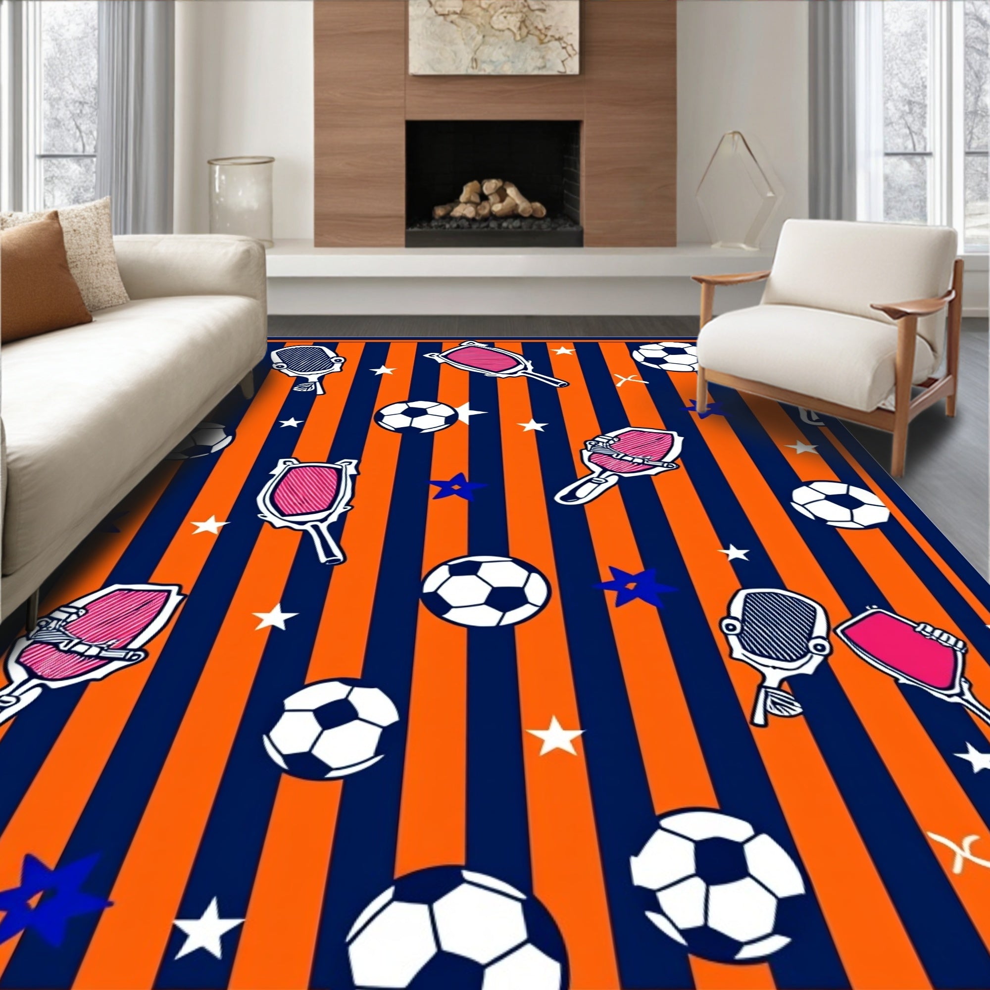 Sporty Objects On Striped Background Rug
