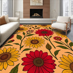 Sunny Bloom Pattern Red Yellow Flowers Rug