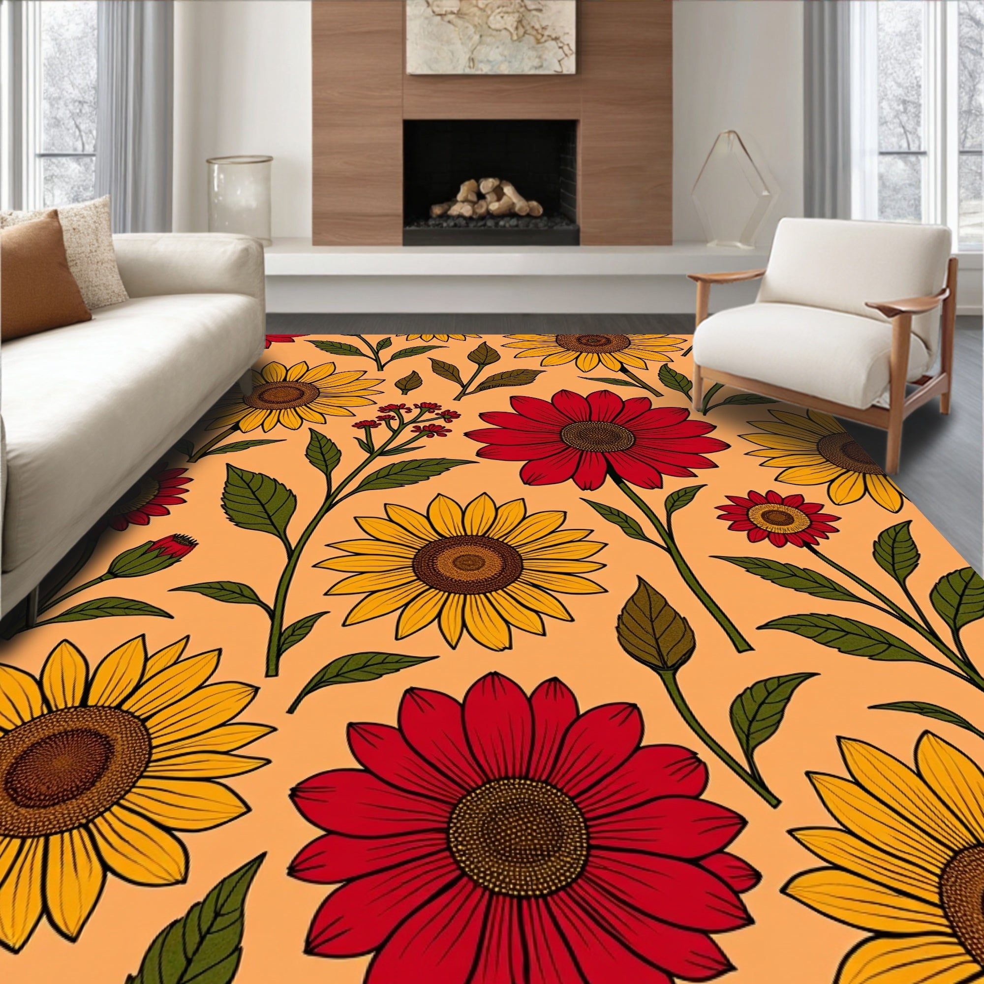 Sunny Bloom Pattern Red Yellow Flowers Rug