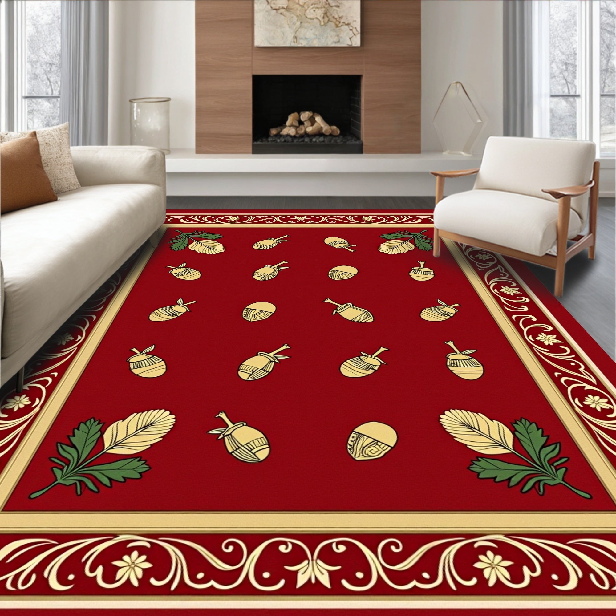 Gold Acorn Botanical Border Design Rug