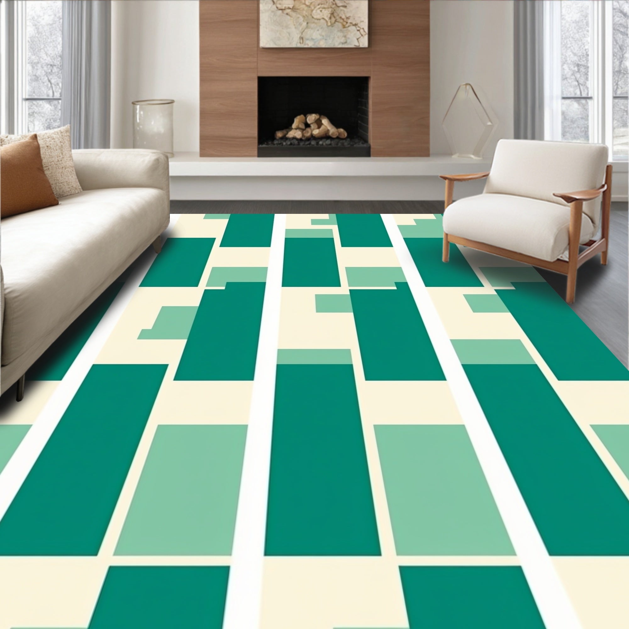 Modern Teal Rectangle Geometric Rug