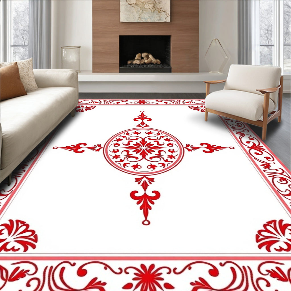 Traditional Red Floral Medallion Frame Rug